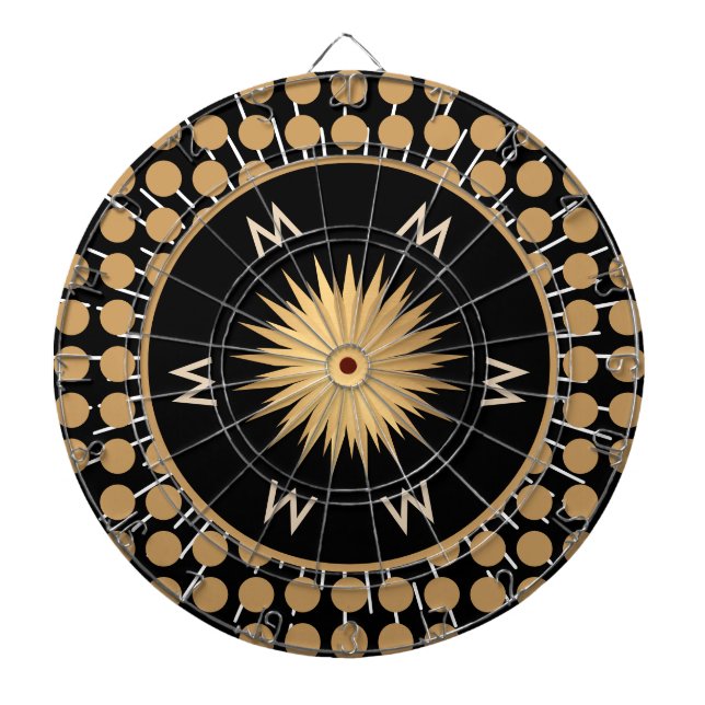 Elegant Black Gold Dot Pattern Monogram Dartboard (Front)