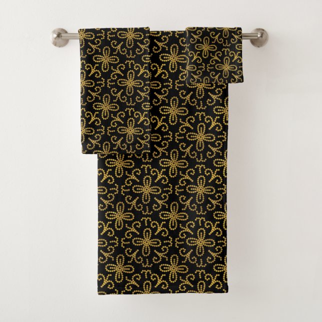 Elegant Black Gold Dotted Flower Tile Pattern Bath Towel Set (Insitu)
