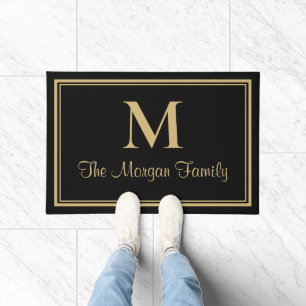 Elegant Black Gold Double Borders Custom Monogram Doormat
