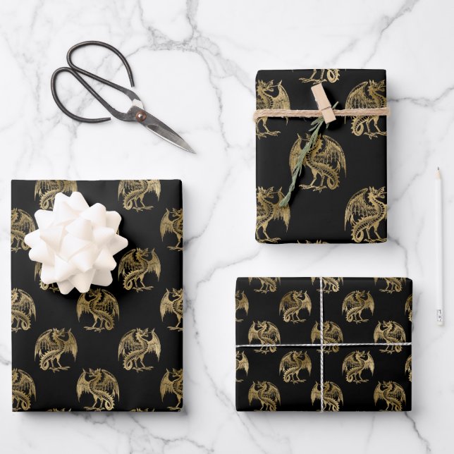 Elegant Black Gold Dragon Wrapping Paper Sheets (Front)