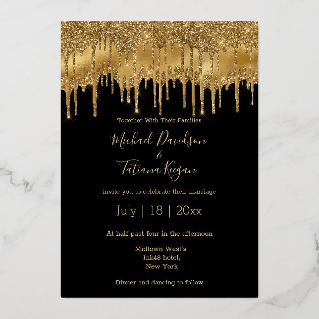 elegant black gold dripping glitters chic wedding (Front)