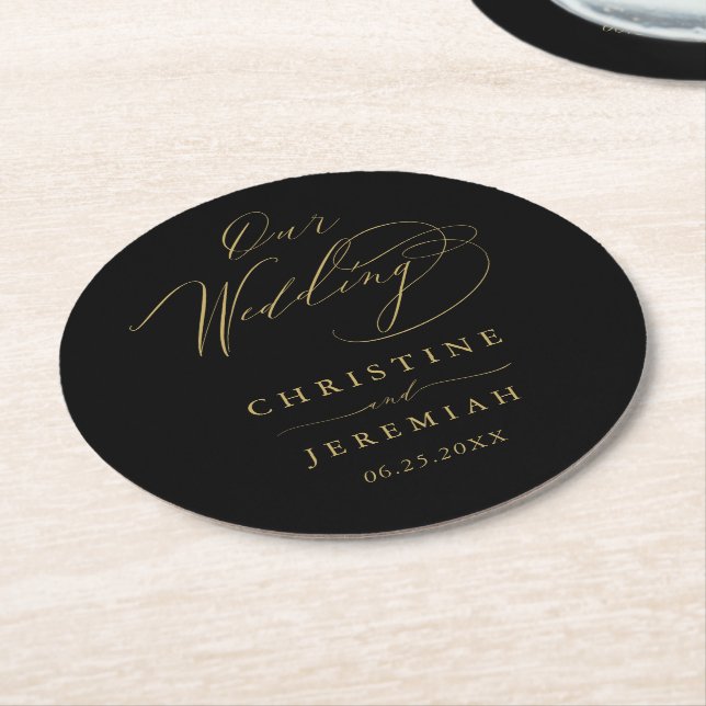 Elegant Black Gold Elegant Script Wedding Round Paper Coaster (Angled)