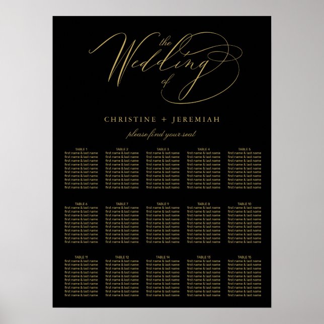 Elegant Black Gold Elegant Script Wedding Seating Poster (Front)