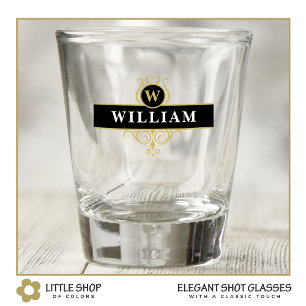 Elegant Black Gold Emblem Personalised Shot Glass