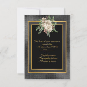 ELEGANT BLACK GOLD EMBOSSED LAYER FLORAL RSVP CARD
