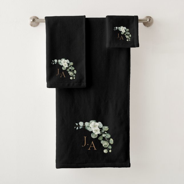 Elegant Black & Gold Eucalyptus Foliage Monogram Bath Towel Set (Insitu)