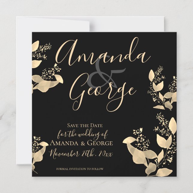 Elegant Black Gold Eucalyptus Leaves Save The Date Magnetic Invitation (Front)