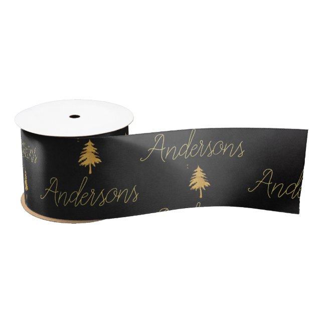 Elegant Black Gold Family Name Heart Pattern Satin Ribbon (Spool)