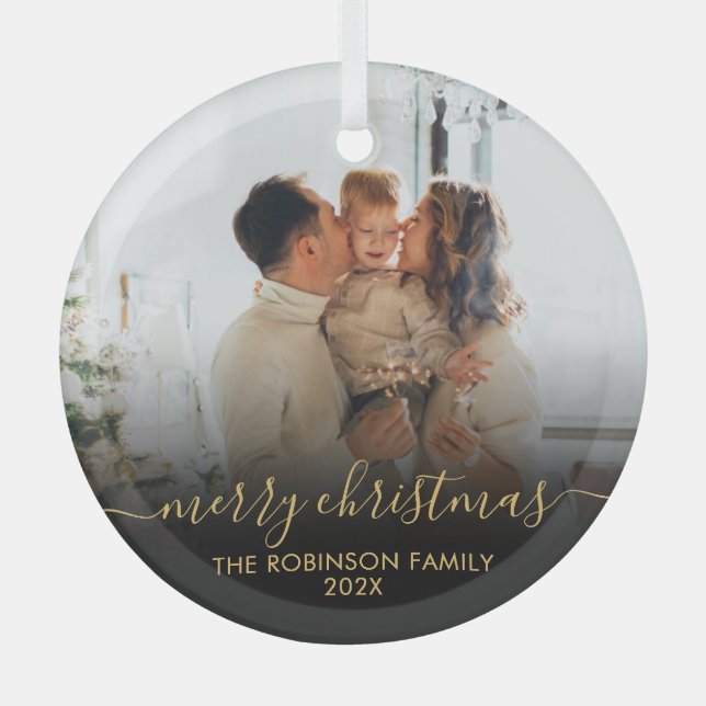 Elegant Black Gold Family Photo Merry Christmas   Glass Tree Decoration (Front)