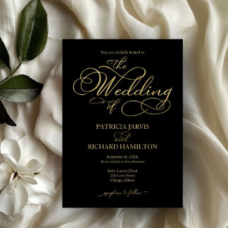 Elegant Black Gold Faux Foil Script Wedding Invitation