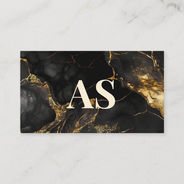 Elegant black gold faux glitter marble monogram appointment card (Front)