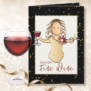 Elegant Black Gold Fine Wine Cartoon Birthday Card