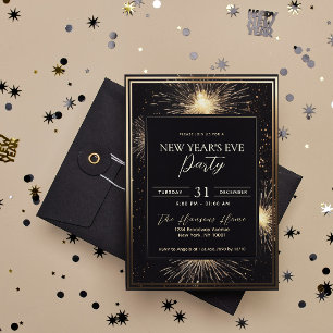 Elegant Black Gold Fireworks New Year's Eve Party Invitation