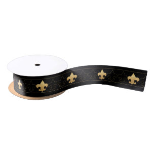 Elegant Black & Gold Fleur De Lis Ribbon Satin Ribbon