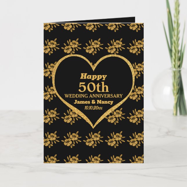 Elegant Black Gold Floral 50th Wedding Anniversary Card (Front)
