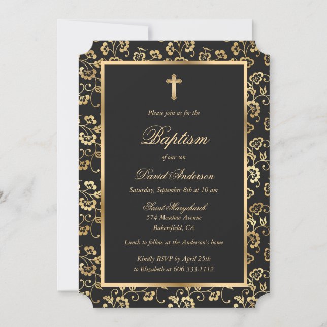 Elegant Black Gold Floral Boy Baptism Invitation (Front)