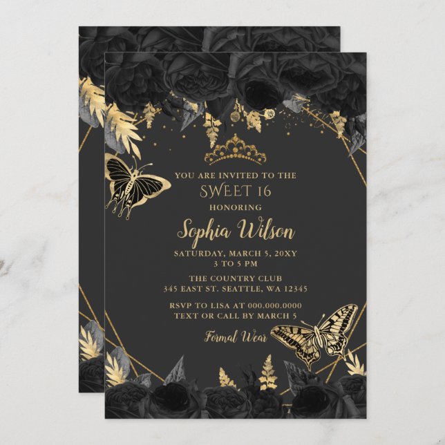 Elegant Black Gold Floral Butterfly sweet 16 Invitation (Front/Back)