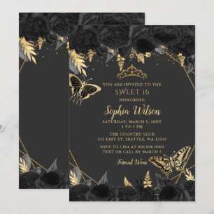 Elegant Black Gold Floral Butterfly sweet 16 Invitation