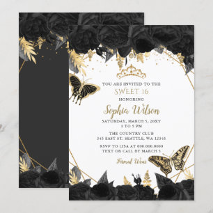 Elegant Black Gold Floral Butterfly Sweet 16 Invitation