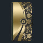 Elegant Black & Gold Floral Damask & Dynamic Lines Samsung Galaxy S5 Wallet Case<br><div class="desc">Black and gold tones shiny metallic floral damask and dynamic modern lines design. Custom and optional monogram. Several variation on this design, with different position of the elements. Not actual glitter or metallic finis, but digital image effect. If you need any help customising, changing colour, or anything else to any...</div>