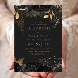 Elegant Black Gold Floral Dark Wedding Invitation