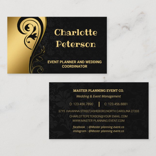 Elegant Black & Gold Floral Event Planner  Busines Business Card (Front/Back)