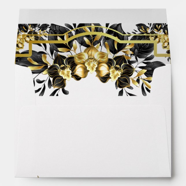 Elegant Black Gold Floral Geometric Wedding Envelope (Back (Bottom))