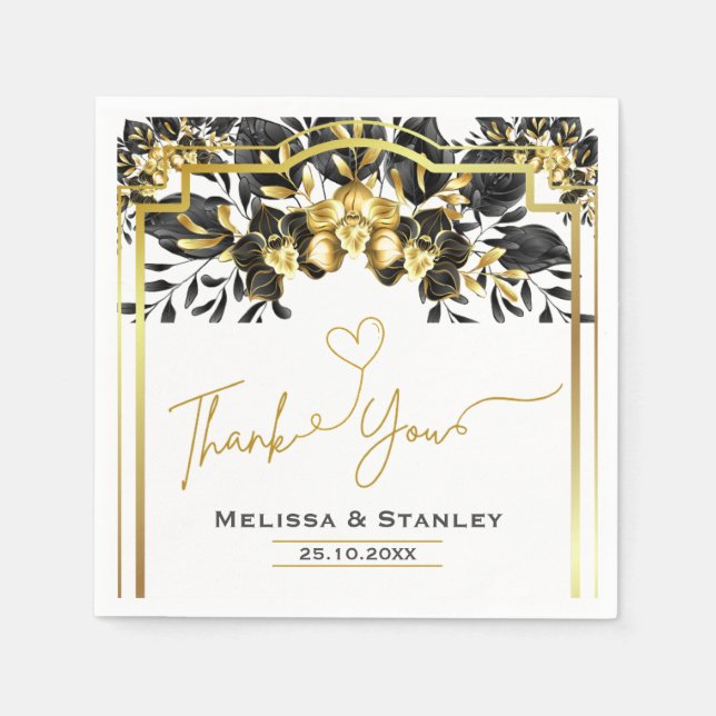 Elegant Black Gold Floral Geometric Wedding Napkin (Front)