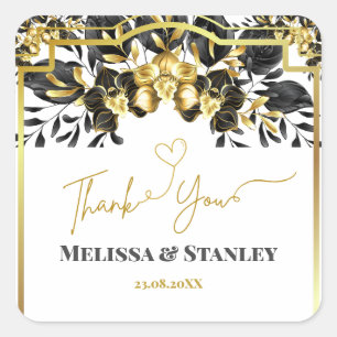 Elegant Black Gold Floral Geometric Wedding Square Sticker