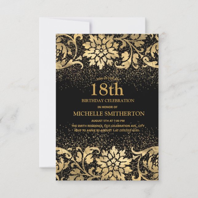 Elegant Black Gold Floral Glitter 18th Birthday Invitation (Front)
