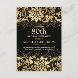 Elegant Black Gold Floral Glitter 80th Birthday Invitation