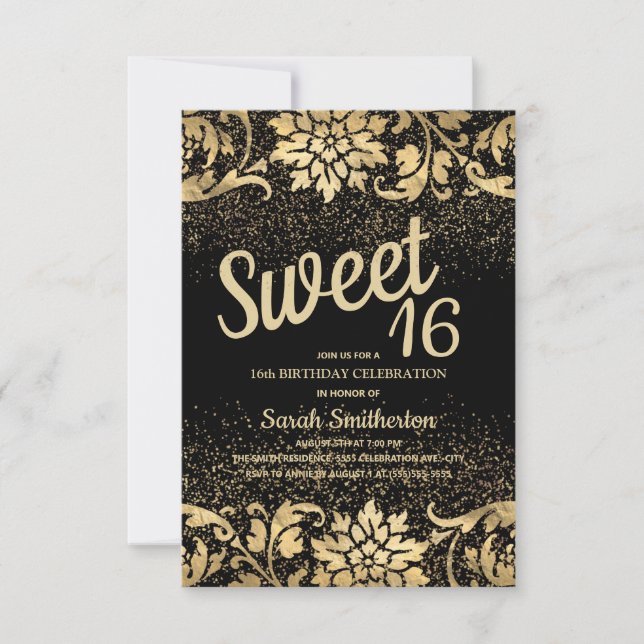 Elegant Black Gold Floral Glitter Sweet 16 Invitation (Front)