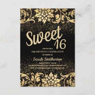 Elegant Black Gold Floral Glitter Sweet 16 Invitation