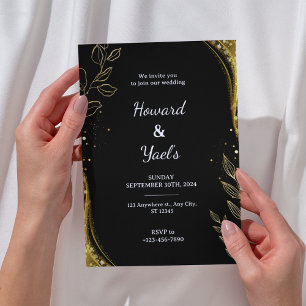 Elegant Black Gold Floral Leaf Design Wedding Invitation