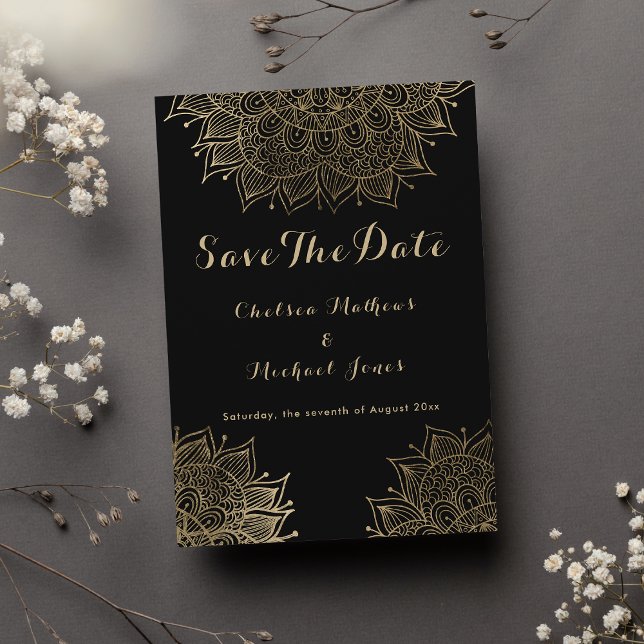 Elegant black gold floral mandala Save The Date  Invitation (Elegant black gold floral mandala Save The Date Invitation)