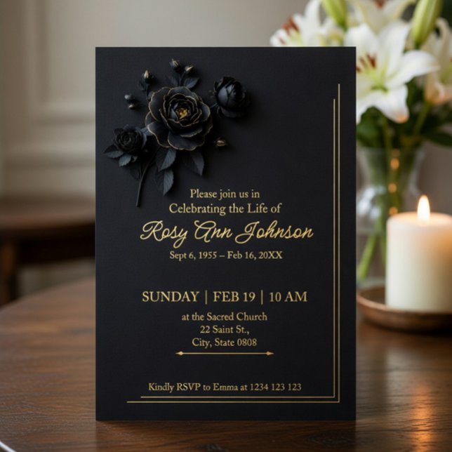 Elegant Black & Gold Floral Memorial Invitation  (Creator Uploaded)