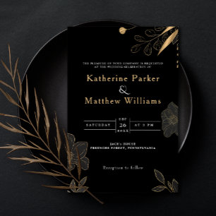 Elegant Black & Gold Floral minimalist Photo Invitation