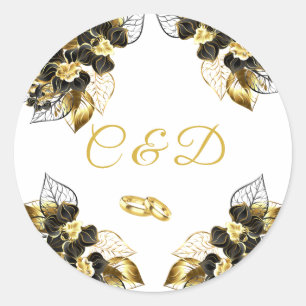 Elegant Black Gold Floral Monogram Favour Sticker