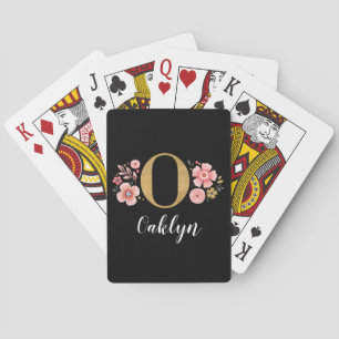 Elegant Black Gold Floral Monogram Initial Playing Cards