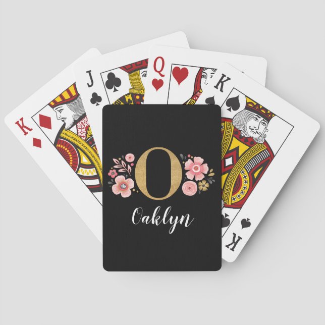 Elegant Black Gold Floral Monogram Initial  Playing Cards (Back)