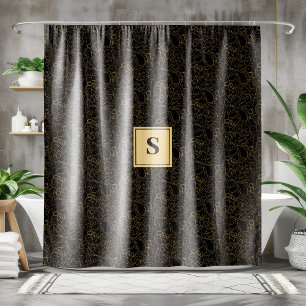 Elegant Black Gold Floral Monogram Shower Curtain