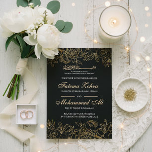 Elegant Black Gold Floral Muslim Wedding Nikah Invitation