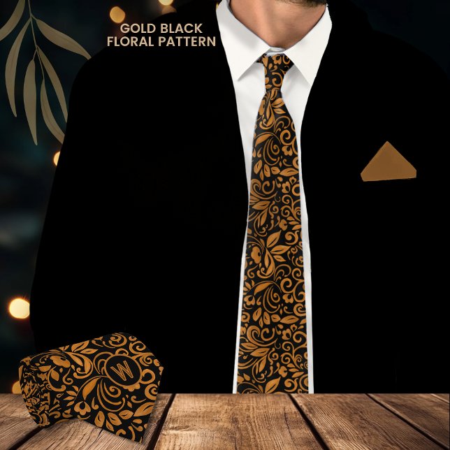Elegant Black Gold Floral Pattern Monogram Tie (Elegant Black Gold Floral Pattern Monogram Neck Tie)