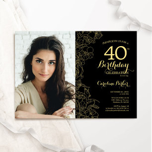 Elegant Black Gold Floral Photo 40th Birthday Invitation