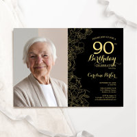 Elegant Black Gold Floral Photo 90th Birthday