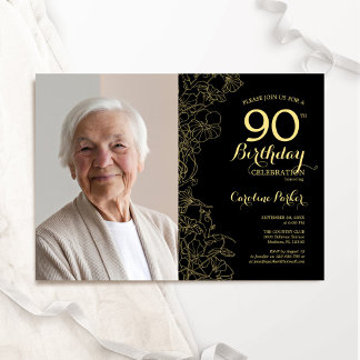 Elegant Black Gold Floral Photo 90th Birthday Invitation