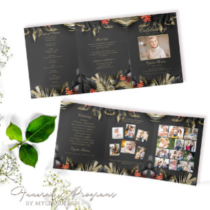 Elegant Black Gold Floral Photo Funeral Program Tri-Fold Invitation