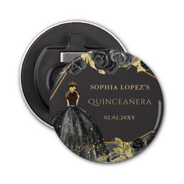 Elegant Black Gold Floral Princess Quinceanera  Bottle Opener (Front)