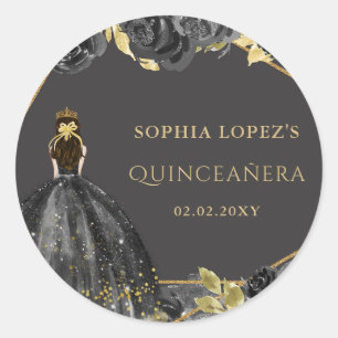 Elegant Black Gold Floral Princess Quinceanera  Classic Round Sticker