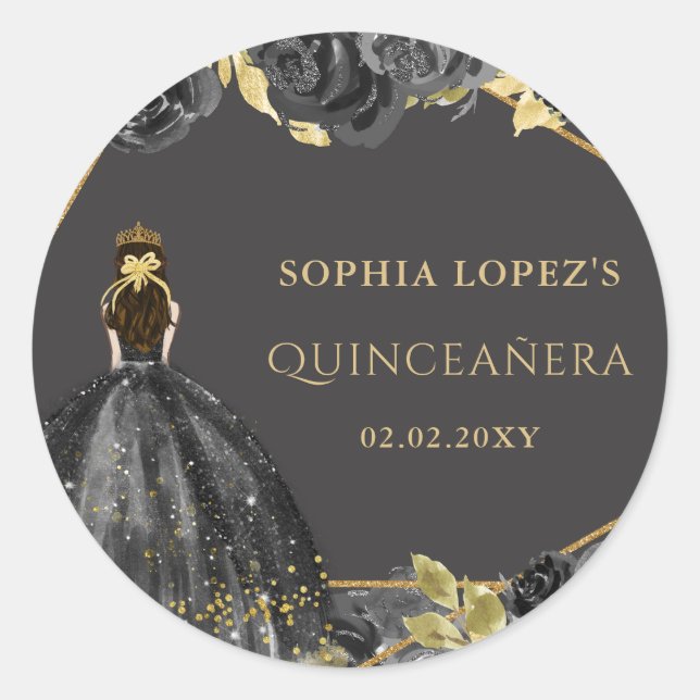 Elegant Black Gold Floral Princess Quinceanera  Classic Round Sticker (Front)